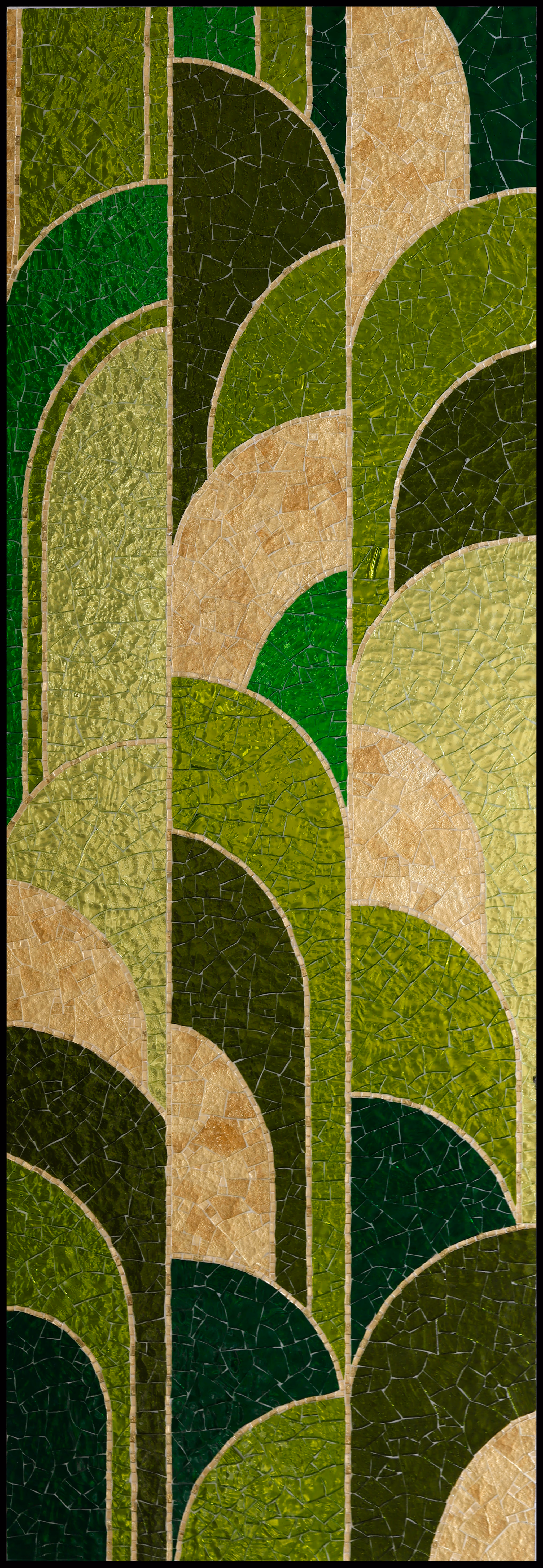 Deep-green Art Deco mosaic, hand-set stained glass