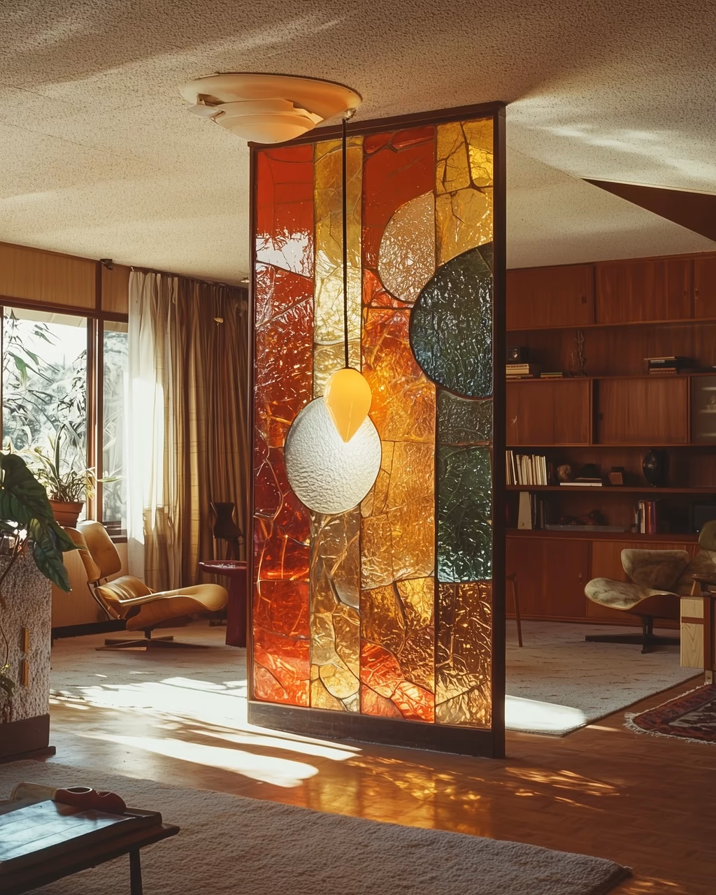 Stained-glass partition in a furnished interior